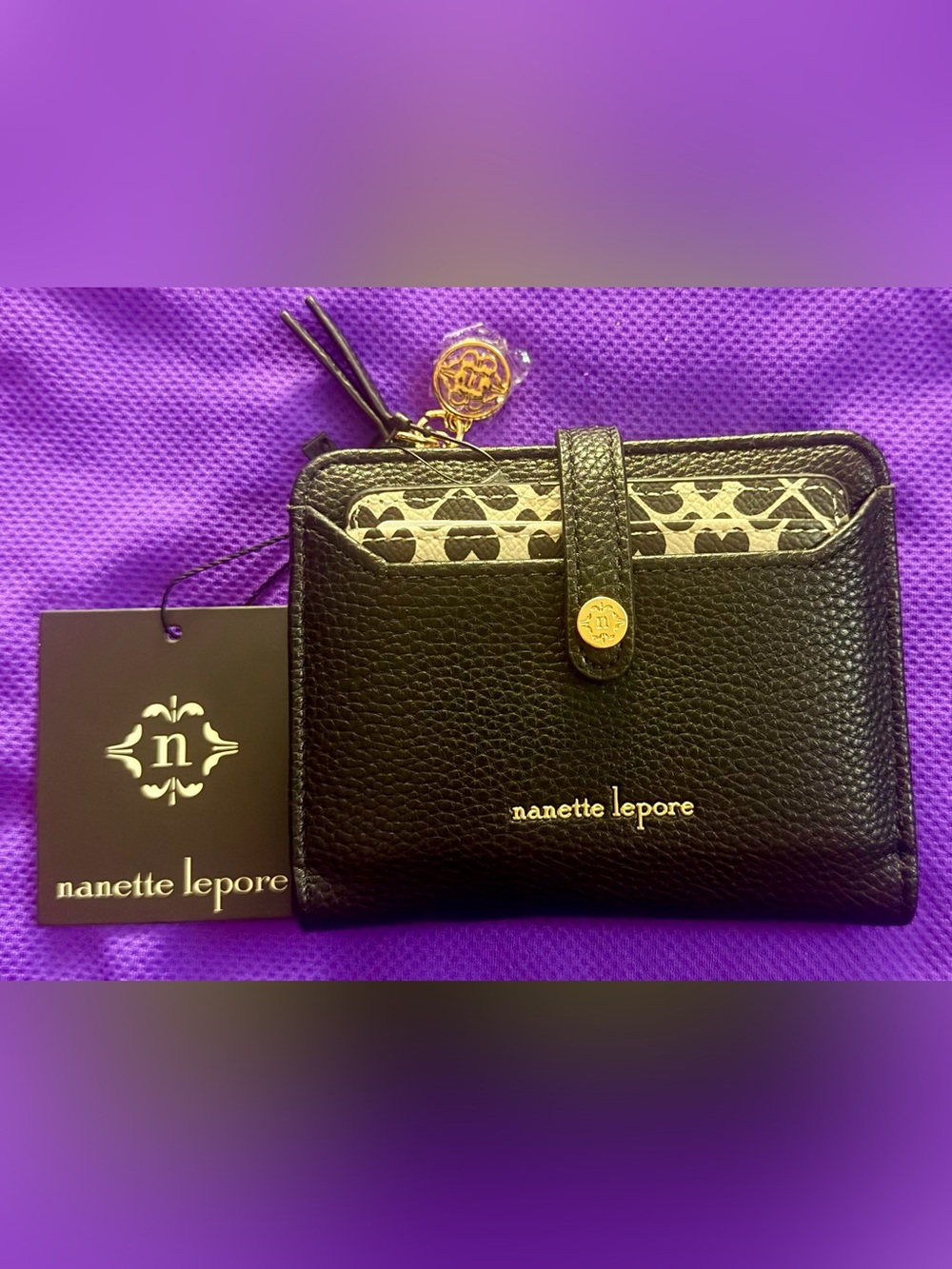 Nanette Lepore Black Wallet with Cream Pattern and Gold Accents